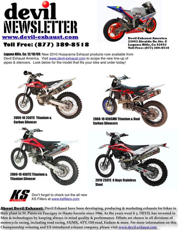 New 2010 Husqvarna Exhaust products now available from Devil Exhaust America.