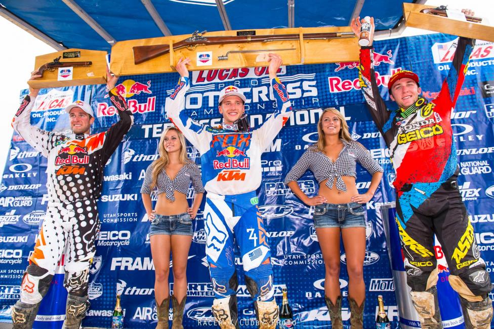From left: Ryan Dungey, Ken Roczen and Eli Tomac on the 450 podium. Photo: Simon Cudby