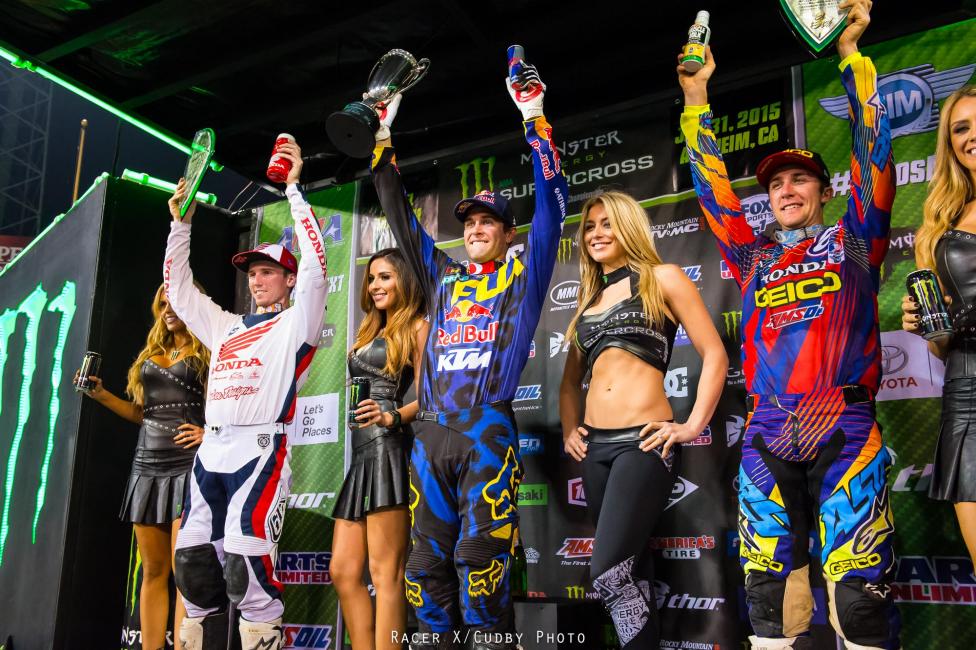 Ryan Dungey, Cole Seely, and Eli Tomac round out your Anaheim 3 450SX podium.Photo: Simon Cudby