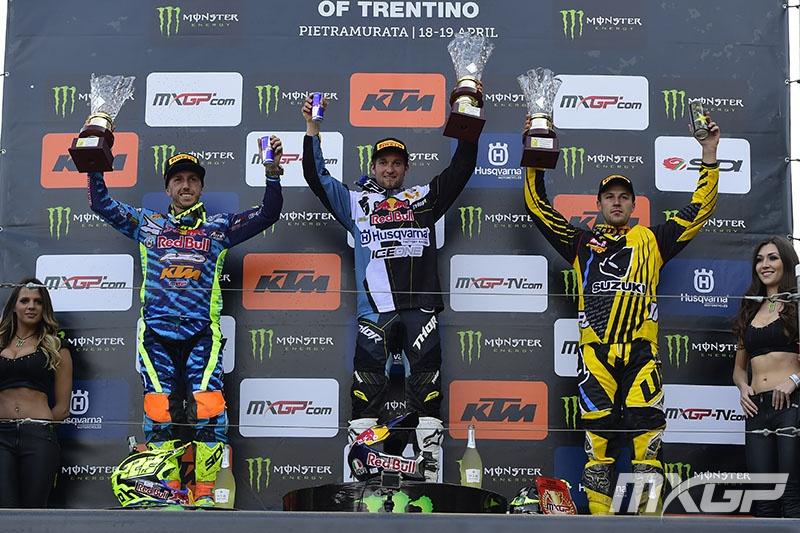 The Trentino podium of Cairoli, Nagl, and Desalle.