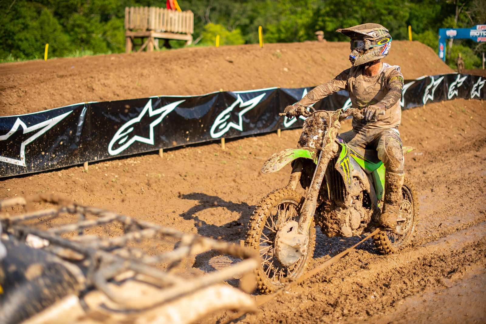 Eli Tomac's Kawasaki KX450 had to be pulled off the track with one lap to go in the first moto. And again during the second moto with two laps to go.