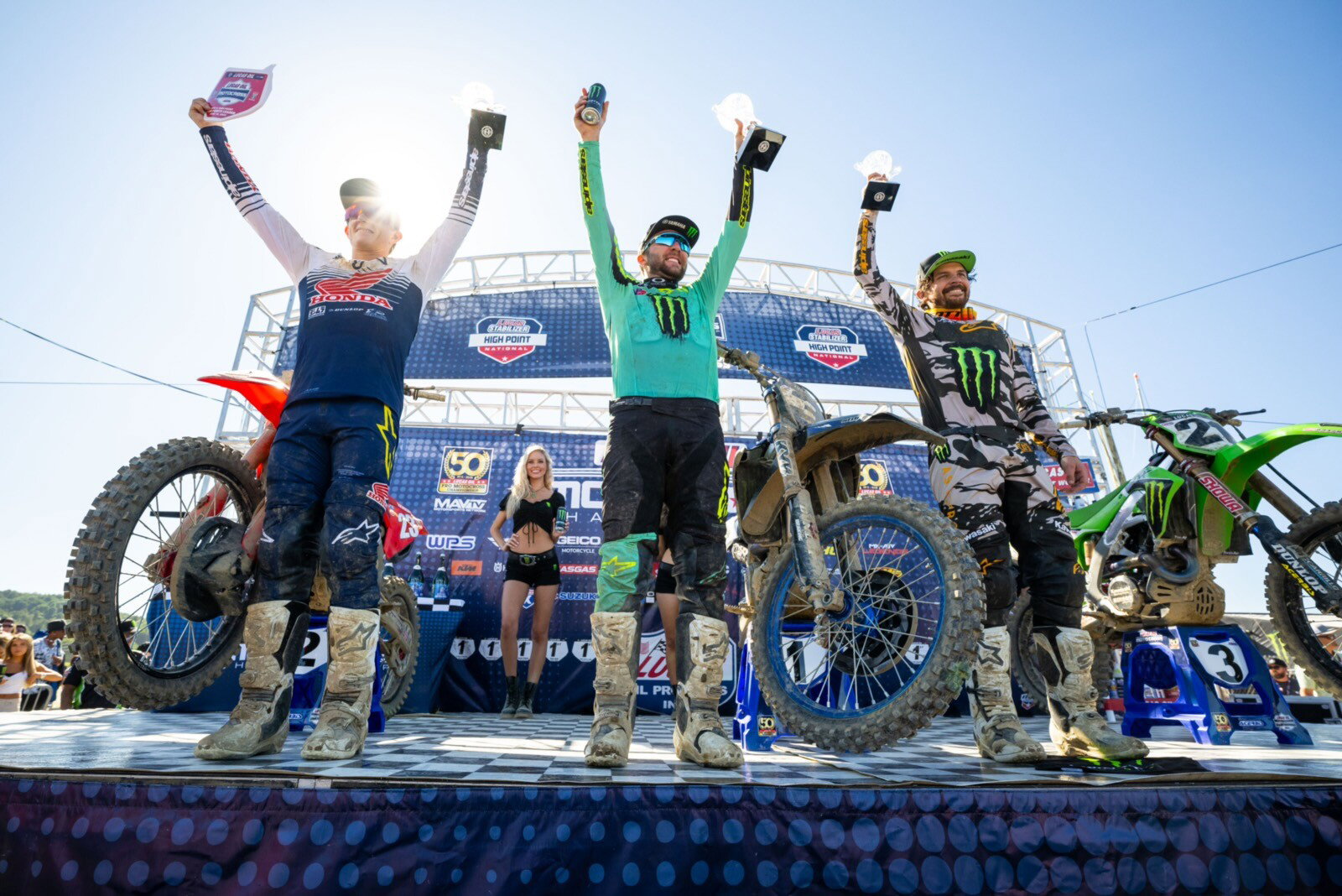 The 450 Class overall podium: Tomac (first overall), Sexton (second overall), and Anderson (third overall).