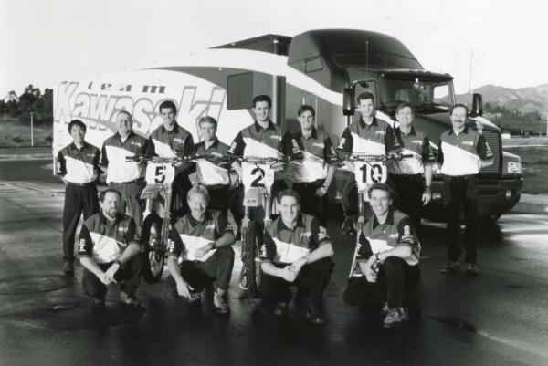 Emig is flanked by Ryan Hughes and Damon Huffman on the '96 Team Kawasaki squad.