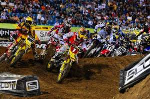 Chad Reed (1) grabbed the holeshot to start the event-filled 450cc main event.