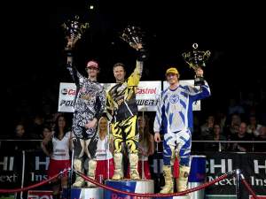 The championship podium for the German SX Series is Jason Thomas (center, with first), Cole Siebler (left, with second) and Kyle Chisholm (right, with third).