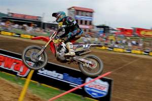 Justin Barcia won the opening moto, but had bike trouble after a collision early in moto two.