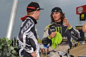 Pourcel and Canard talk over their second-moto battle on the podium.
