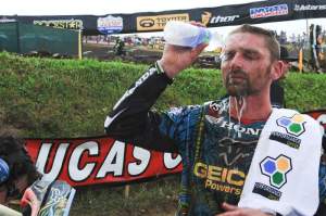 Brett Metcalfe cleans up after his third-place finish.