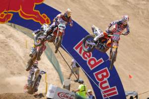 Tony Cairoli leads Mike Alessi off the start of moto one.