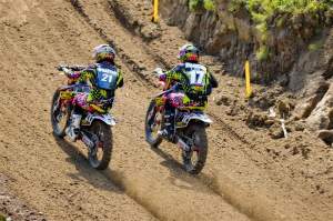 Teammates Blake Wharton (21) and Justin Barcia (17) go at it for fourth early in the first 250cc moto. Wharton went 5-7 for sixth overall.