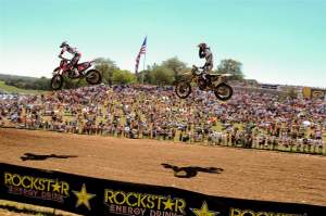 Townley flies in formation with Dungey during the first-moto battle, in front of thousands of lucky fans.