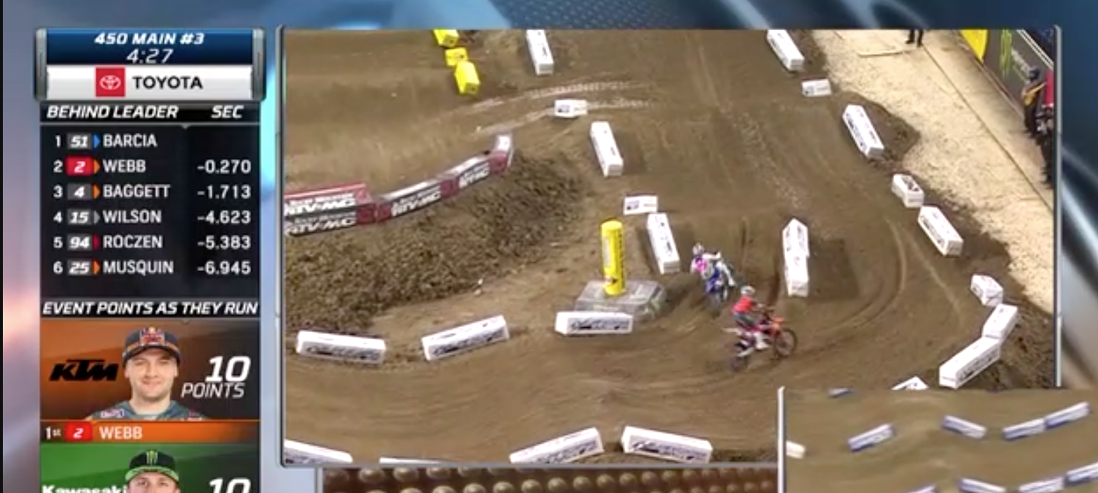 Webb then goes outside himself the next lap...the hope is that he can bait Barcia to go back out here.