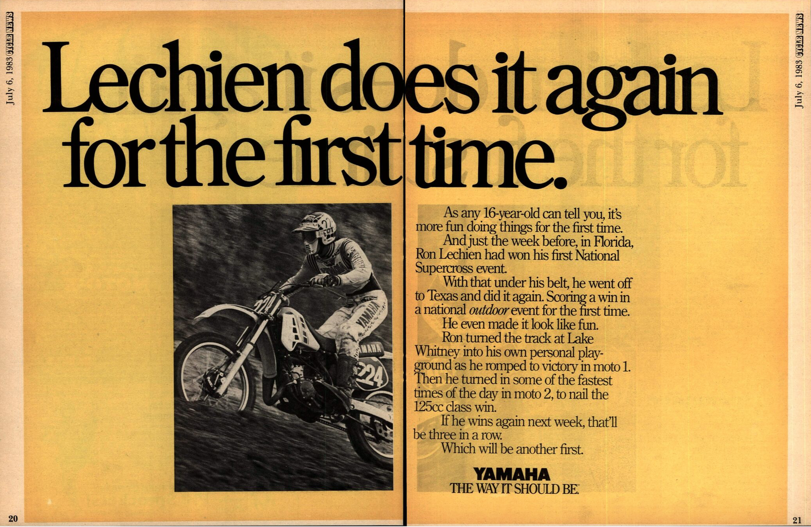 Lechien's first 125 National win ad from the&nbsp;1983 Lake Whitney 125 National.