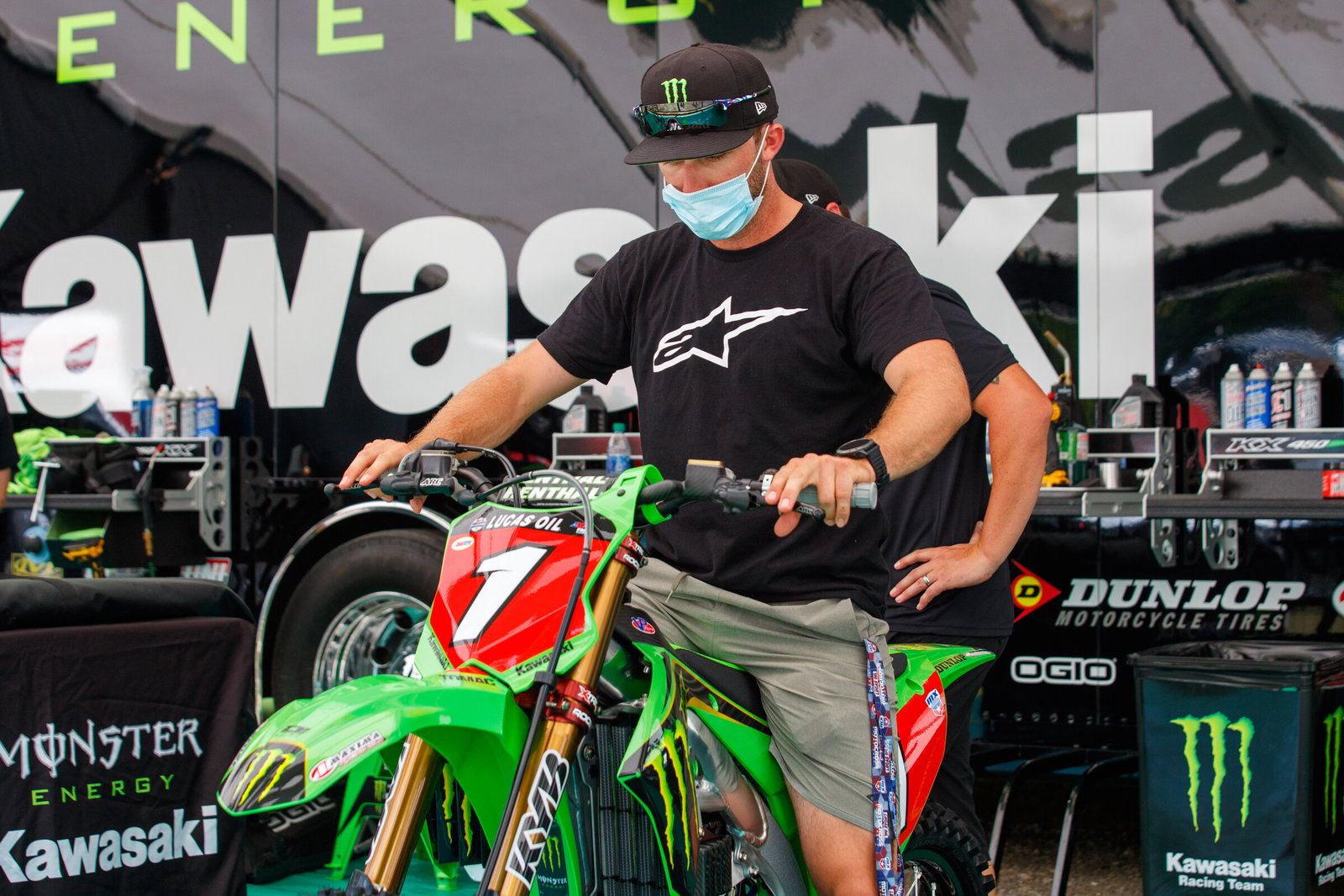 Eli Tomac aboard his #1 Kawasaki KX450 under the team tent at the Loretta Lynn Ranch.