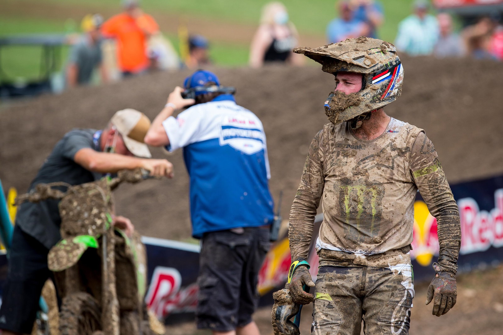 Eli Tomac walks away from his Monster Energy Kawasaki KX450 after his gave out during the first moto.
