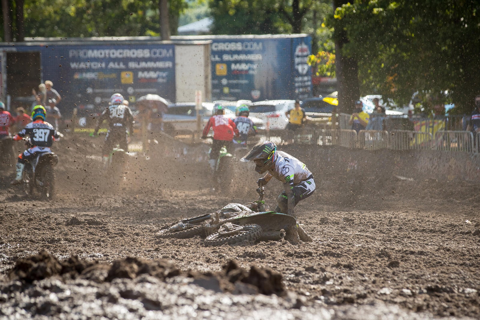 But the defending champion had to pick up his bike after going down in the first turn.