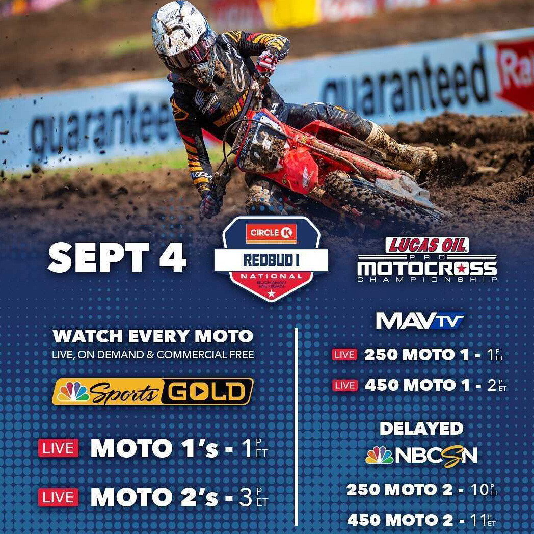 The 2020 RedBud 1 National broadcast/streaming schedule.