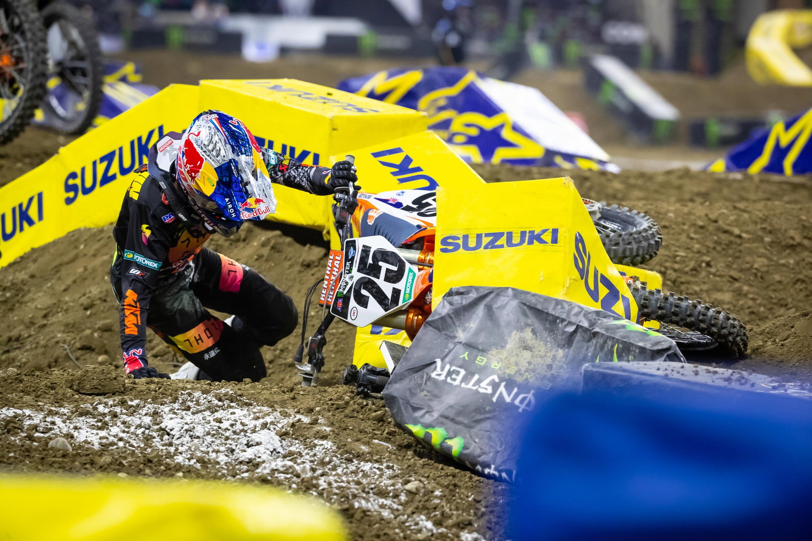 Musquin hit the deck at the end of the whoop section while leading the second 450SX heat race.