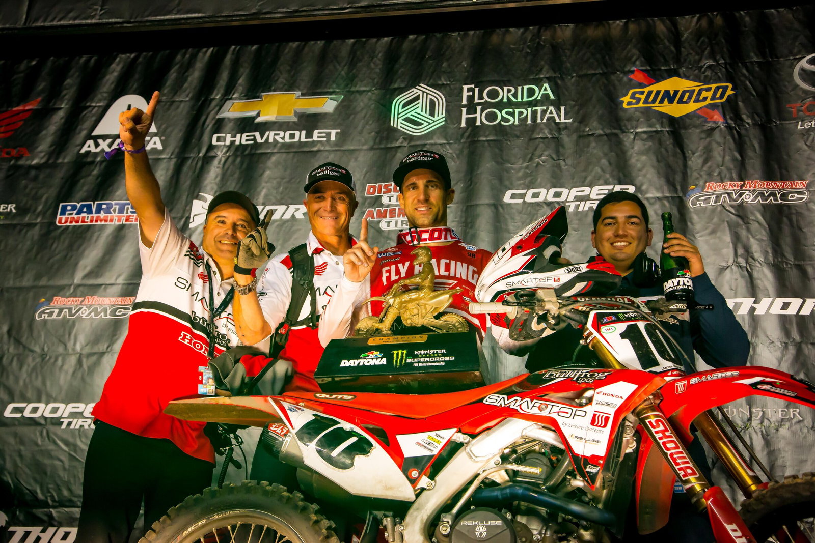 Justin Brayton's win at the 2018 Daytona Supercross was the SmarTop/Bullfrog Spas/MotoConcepts Honda team's first premier class main event win.