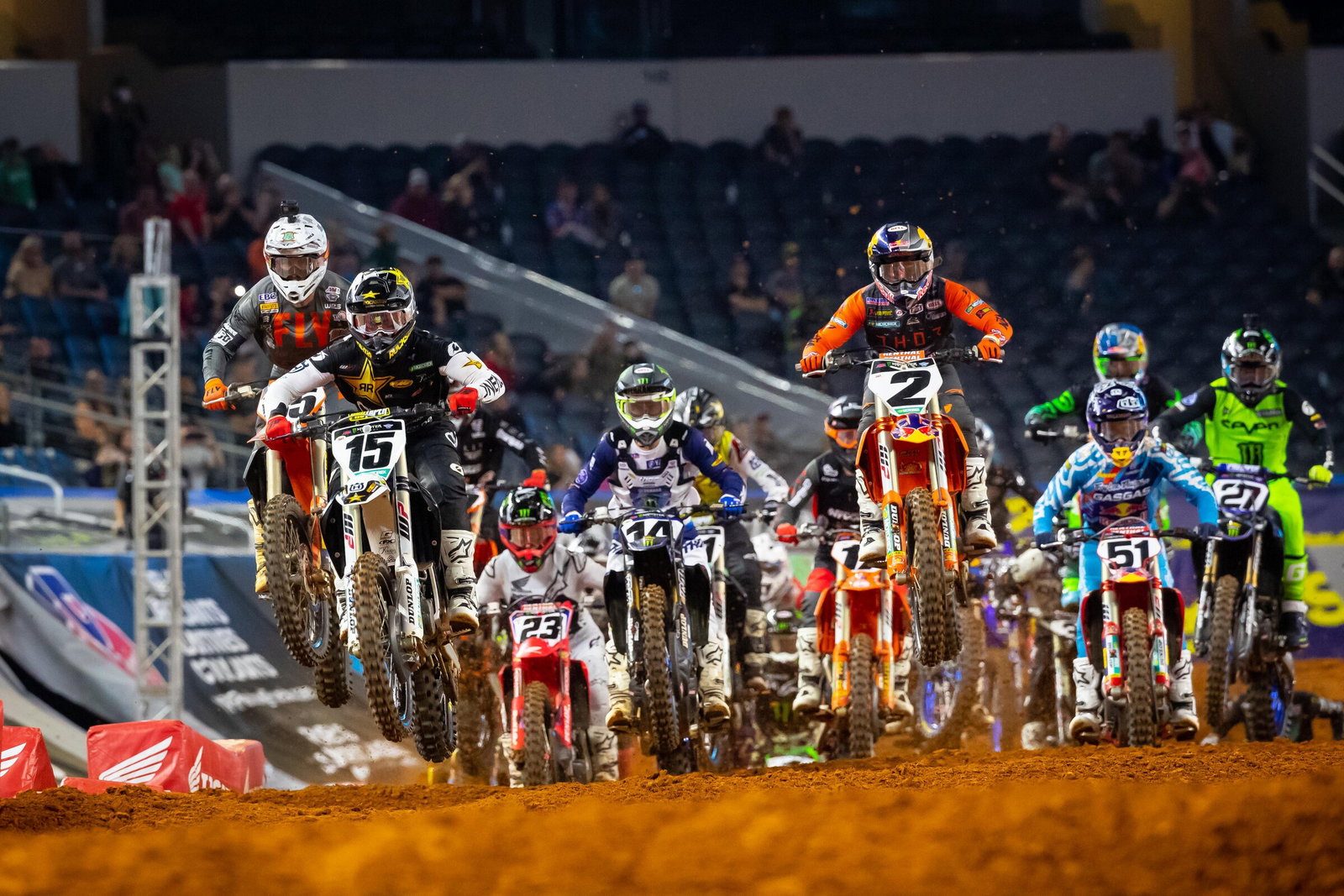 Moranz sits right behind Dean Wilson and Cooper Webb on the first section of the Arlington 1 Supercross 450SX main event. He finished 18th in his 450SX debut.