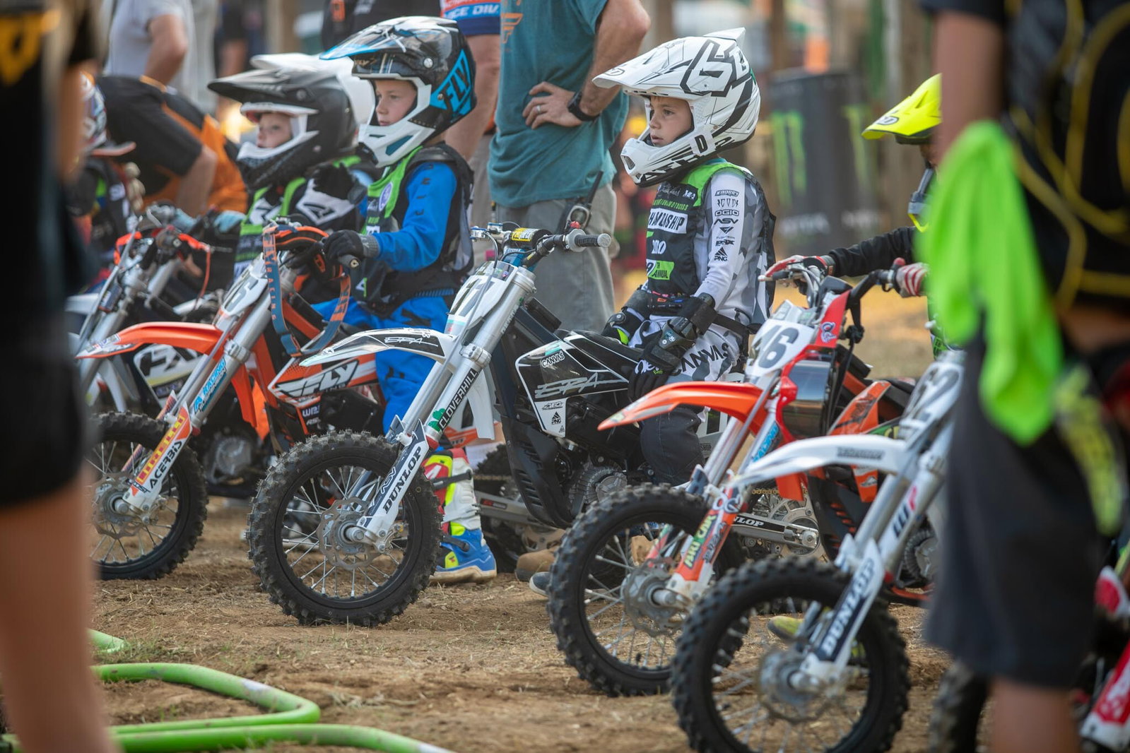 Riders behind the gate before the first ever Mini-E (4-6) Jr. class race at the 2020 Monster Energy AMA Amateur National Motocross Championship at Loretta Lynn&rsquo;s Ranch.