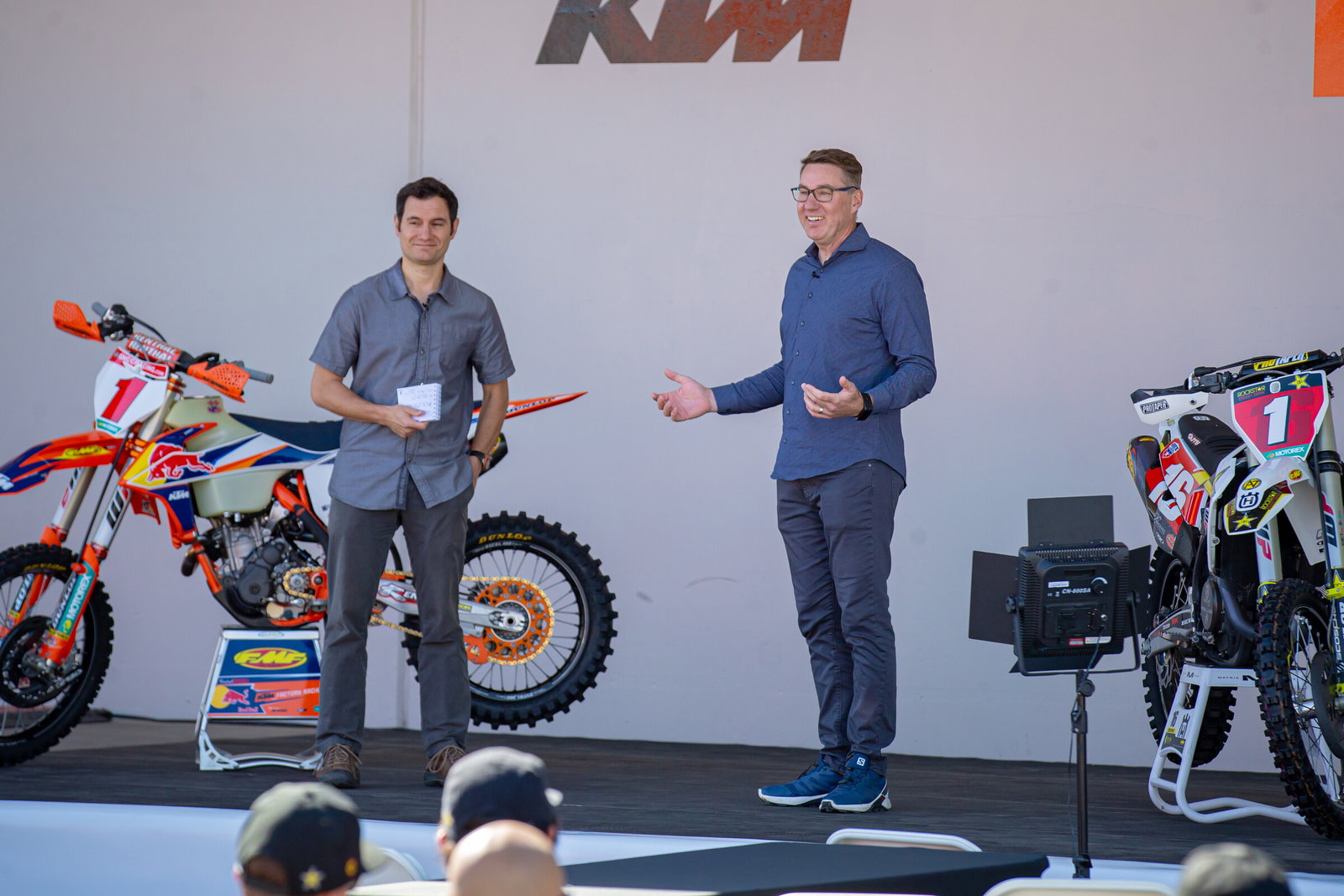 Jason Weigandt and John Hinz at an event in 2020 celebrating Kailub Russell's Eight-Consecutive GNCC title and Zach Osborne's 450 Class title in the Lucas Oil AMA Pro Motocross Championship.