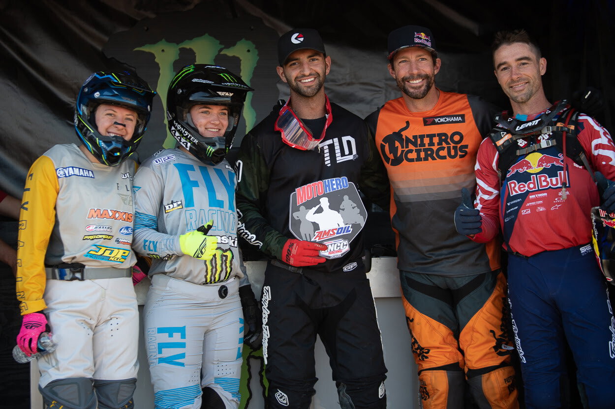 AMSOIL Moto Hero Angelo Sciarretti (center) with WXC Competitors, Becca Sheets & Korie Steede, and Motorsports legends, Travis Pastrana & Ryan Sipes.