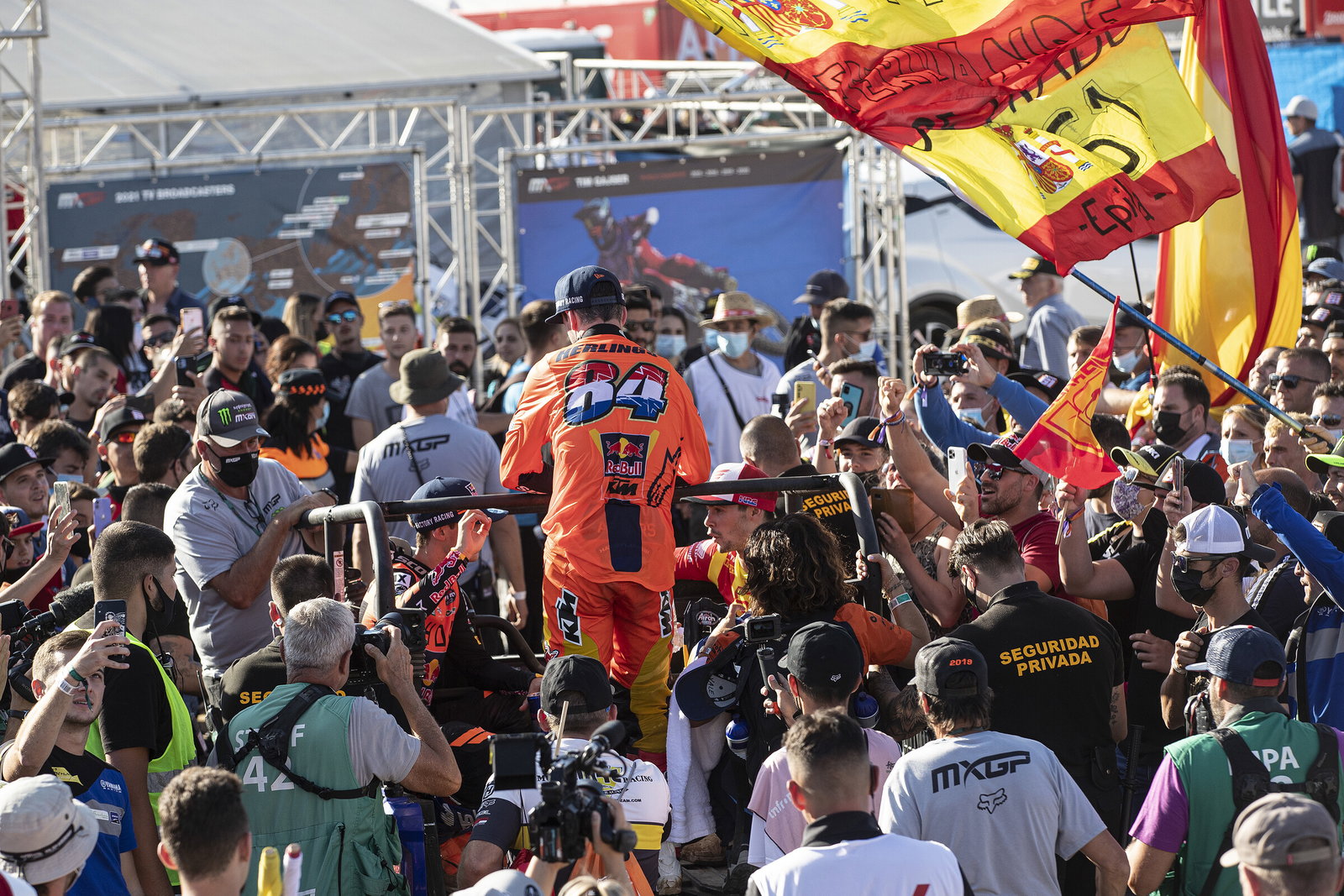 The crowd surrounded podium finishers Jorge Prado, Jeffrey Herlings, and Tim Gajser.
