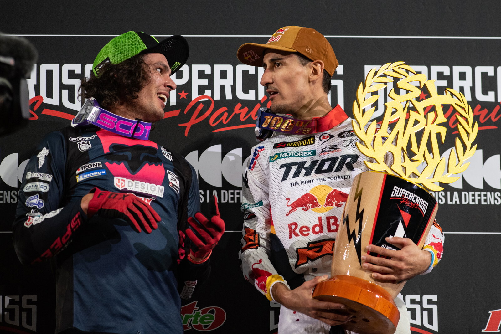 Marvin Musquin, here with Cedric Soubeyras at the 2021 Paris Supercross, has been crowned King of Paris three times (2021, 2017, and 2016).