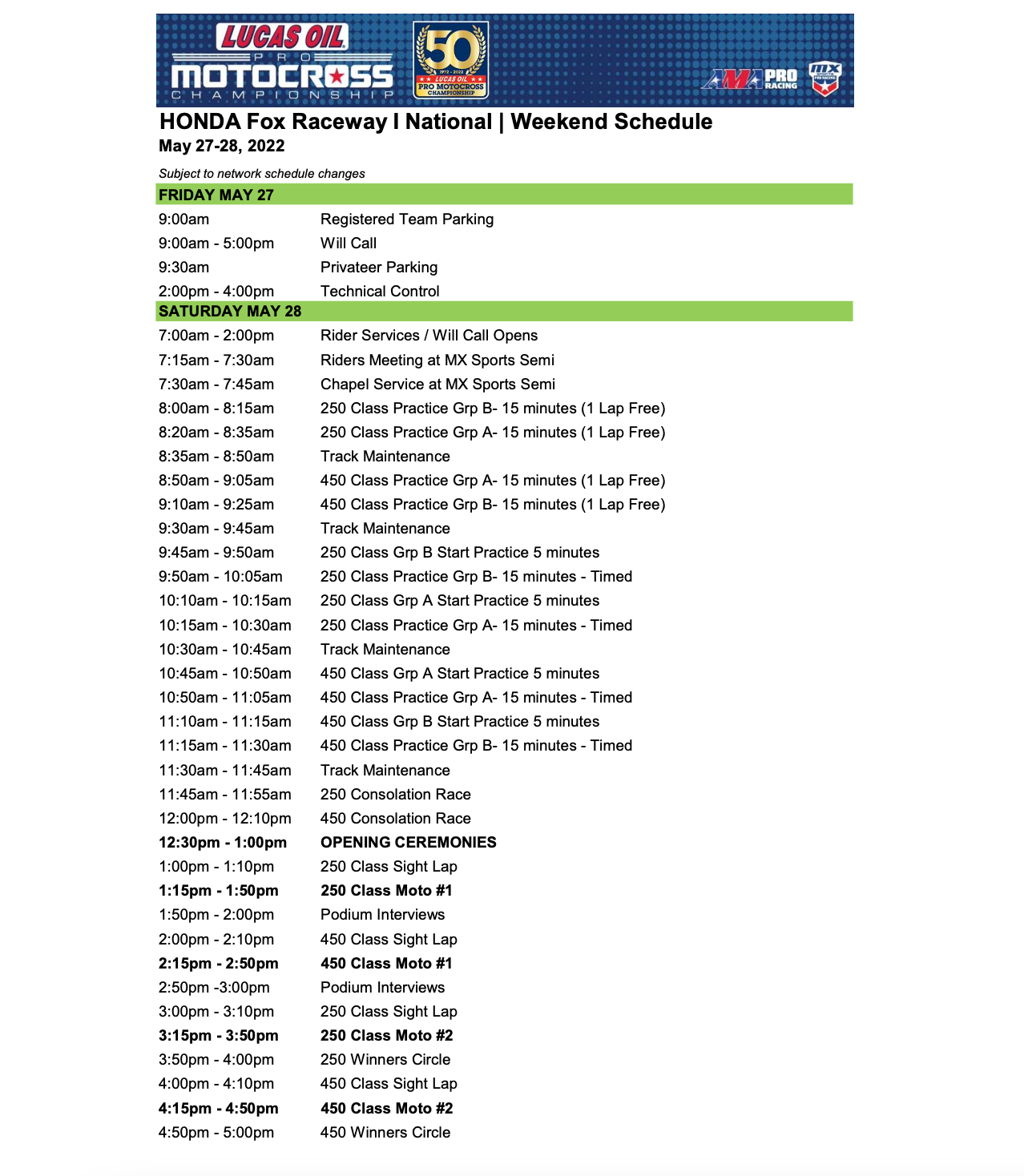 2022 Fox Raceway 1 National weekend schedule