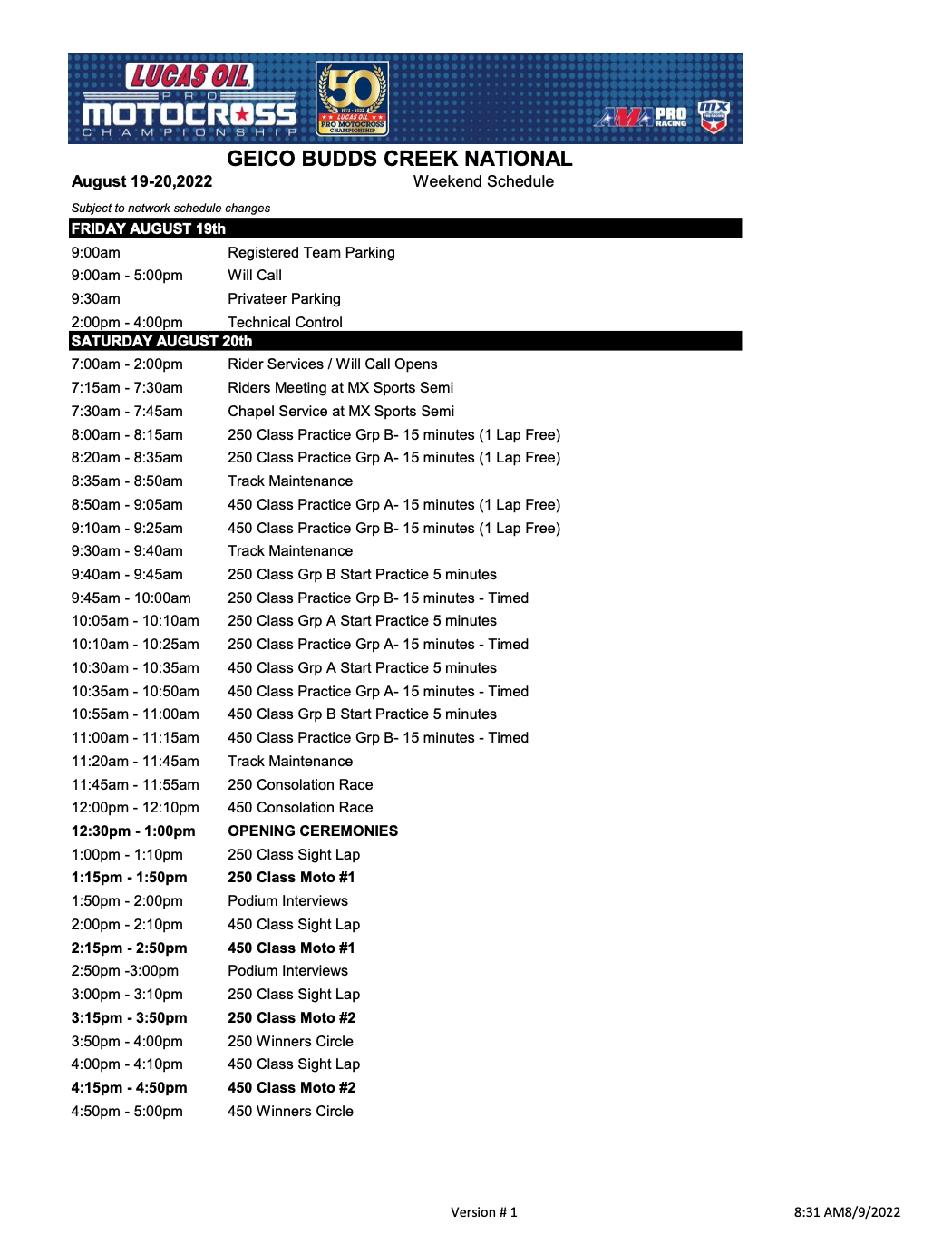 The 2022 Budds Creek National race day schedule.
