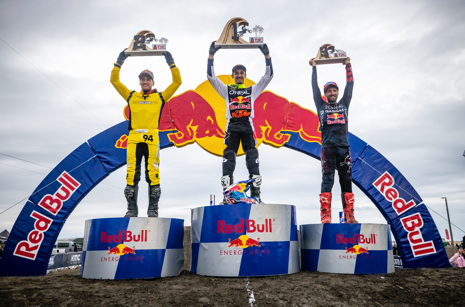Marvin Musquin (center, first place), Ken Roczen (left, second place), and Justin Barcia (right, third place).