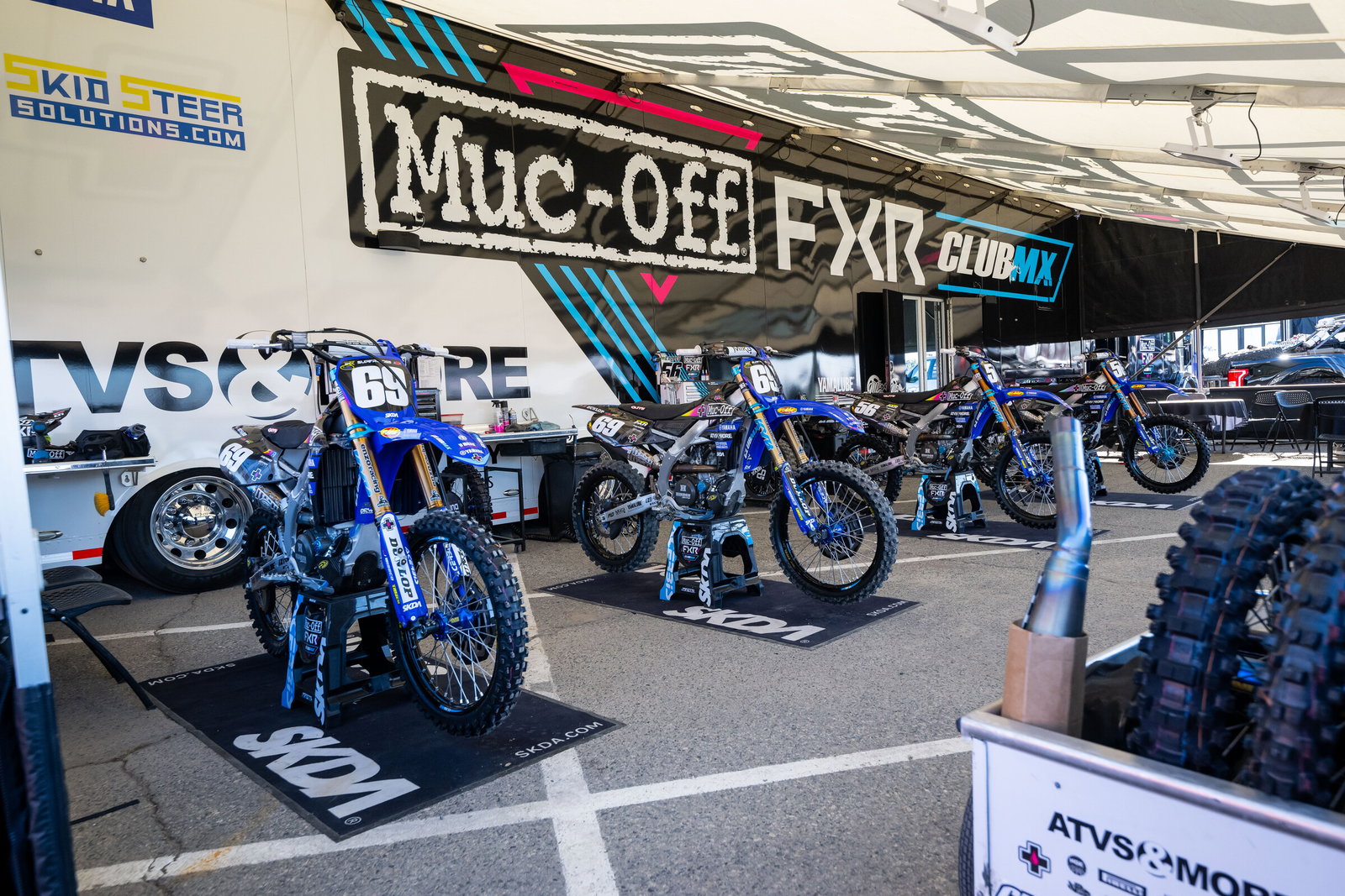 The Muc-Off/FXR/ClubMX Yamaha team at the 2023 Anaheim 2 Supercross Triple Crown with two race bikes for Phil Nicoletti and Enzo Lopes.