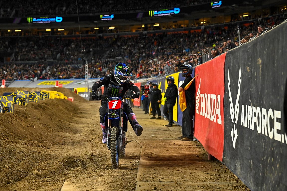 Eli Tomac heading for the tunnel after suffering a leg injury during the 450SX main event at the Denver Supercross.
