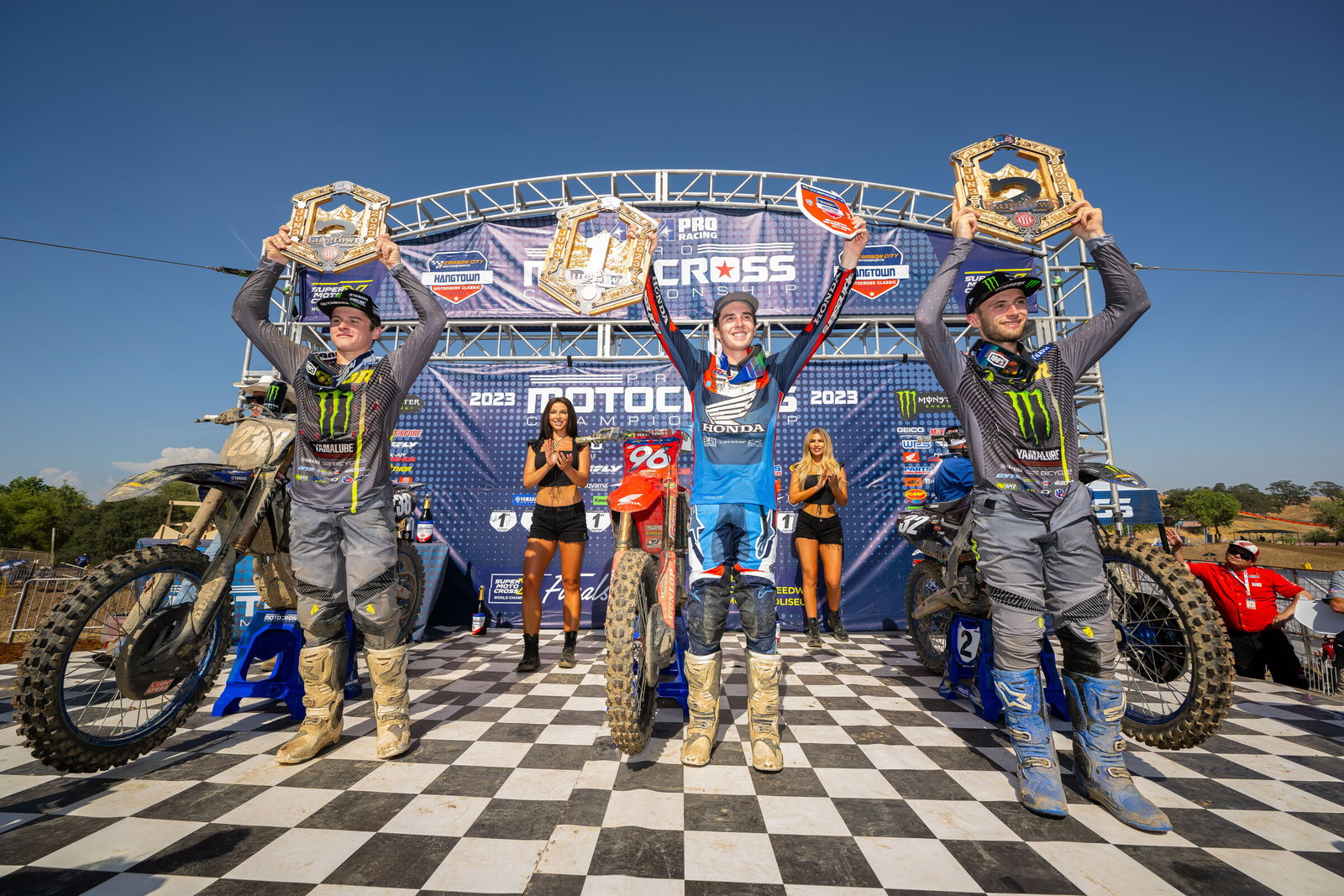 The 2023 Hangtown Motocross Classic 250 Class overall podium: Hunter Lawrence, Justin Cooper, and Haiden Deegan.