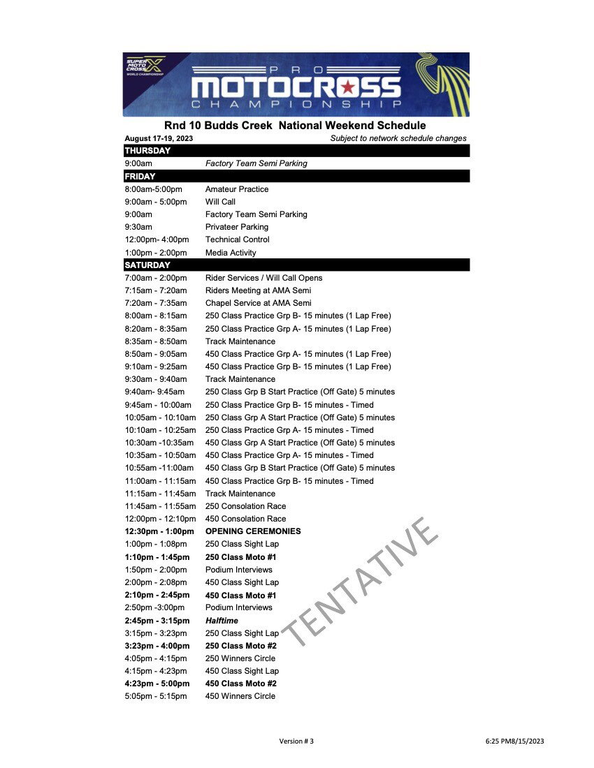 The 2023 Budds Creek National weekend schedule.