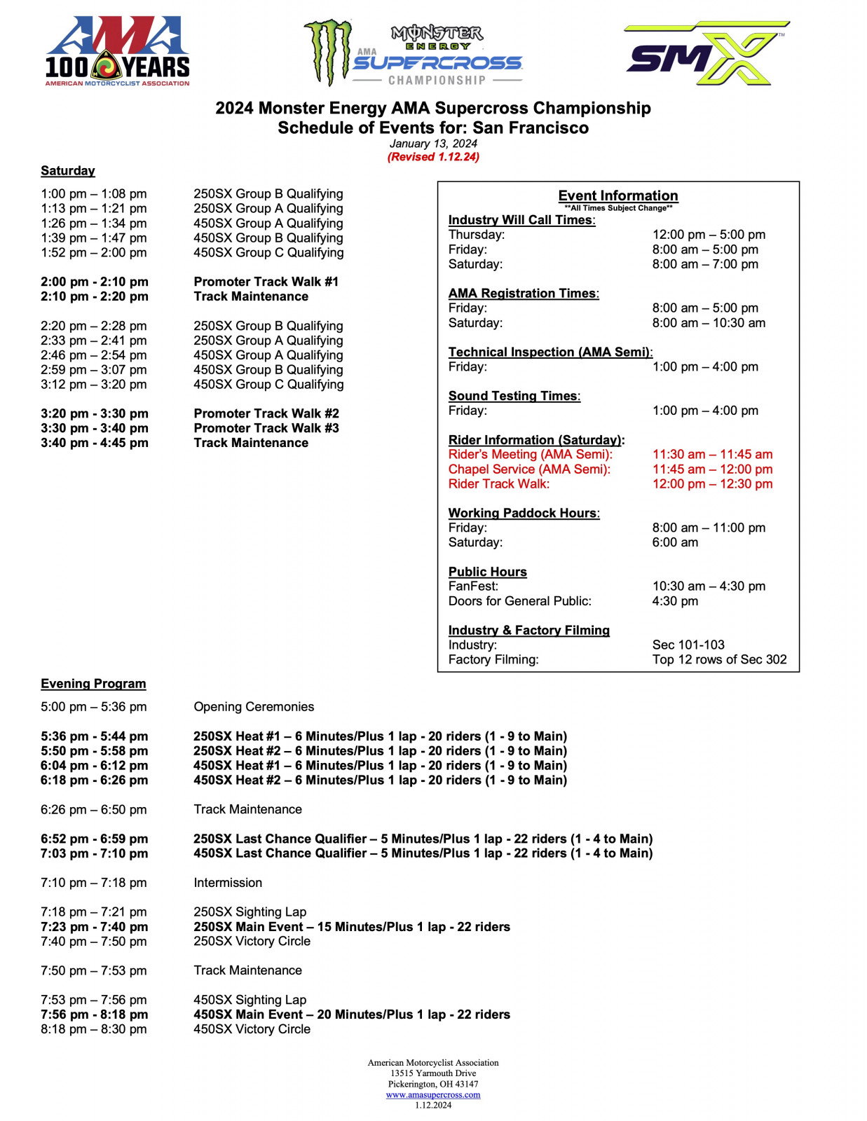 2024 San Francisco Supercross revised schedule