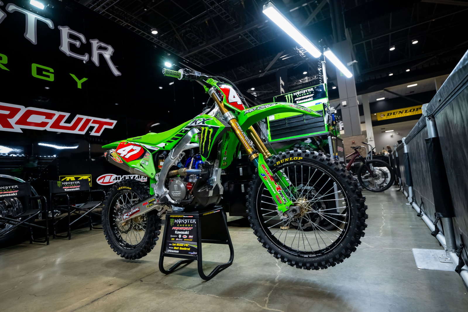 Levi Kitchen's Kawasaki KX250 with the red plates, signaling his 250SX West Region points lead.