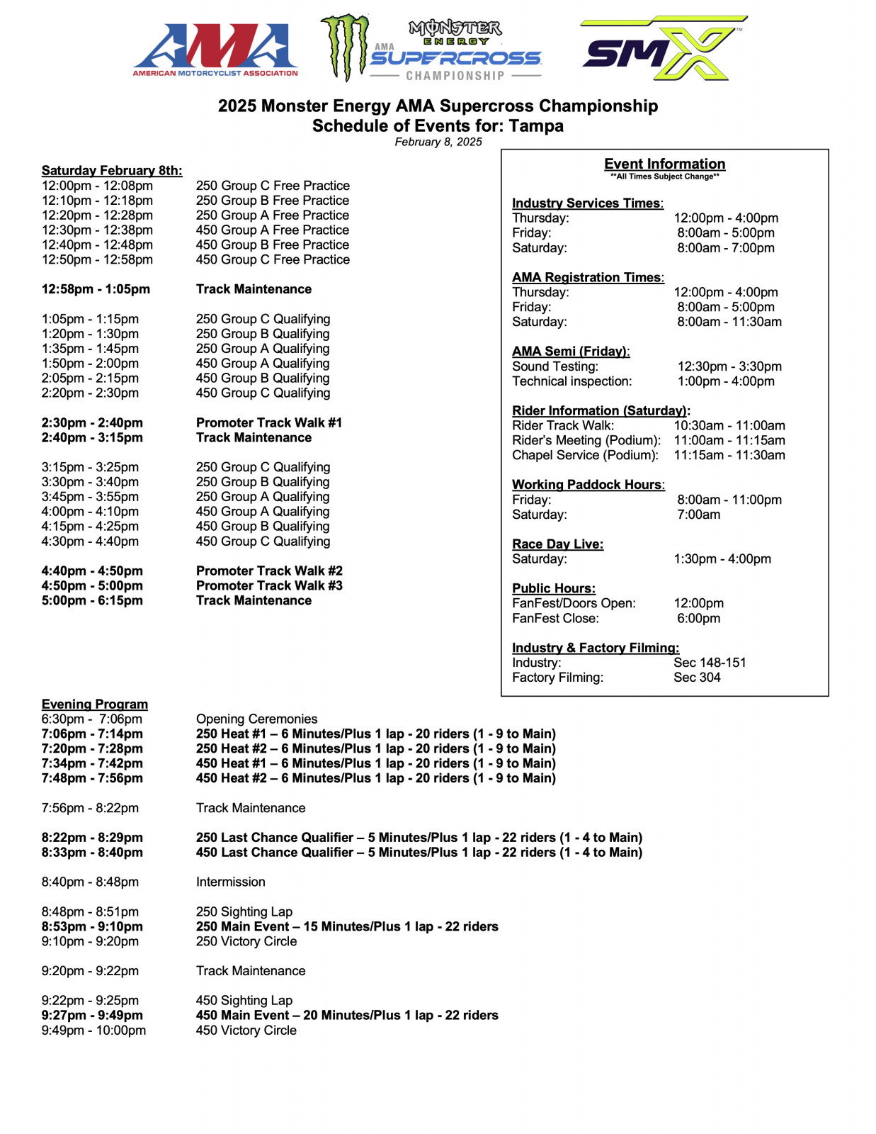 Tampa SX schedule.