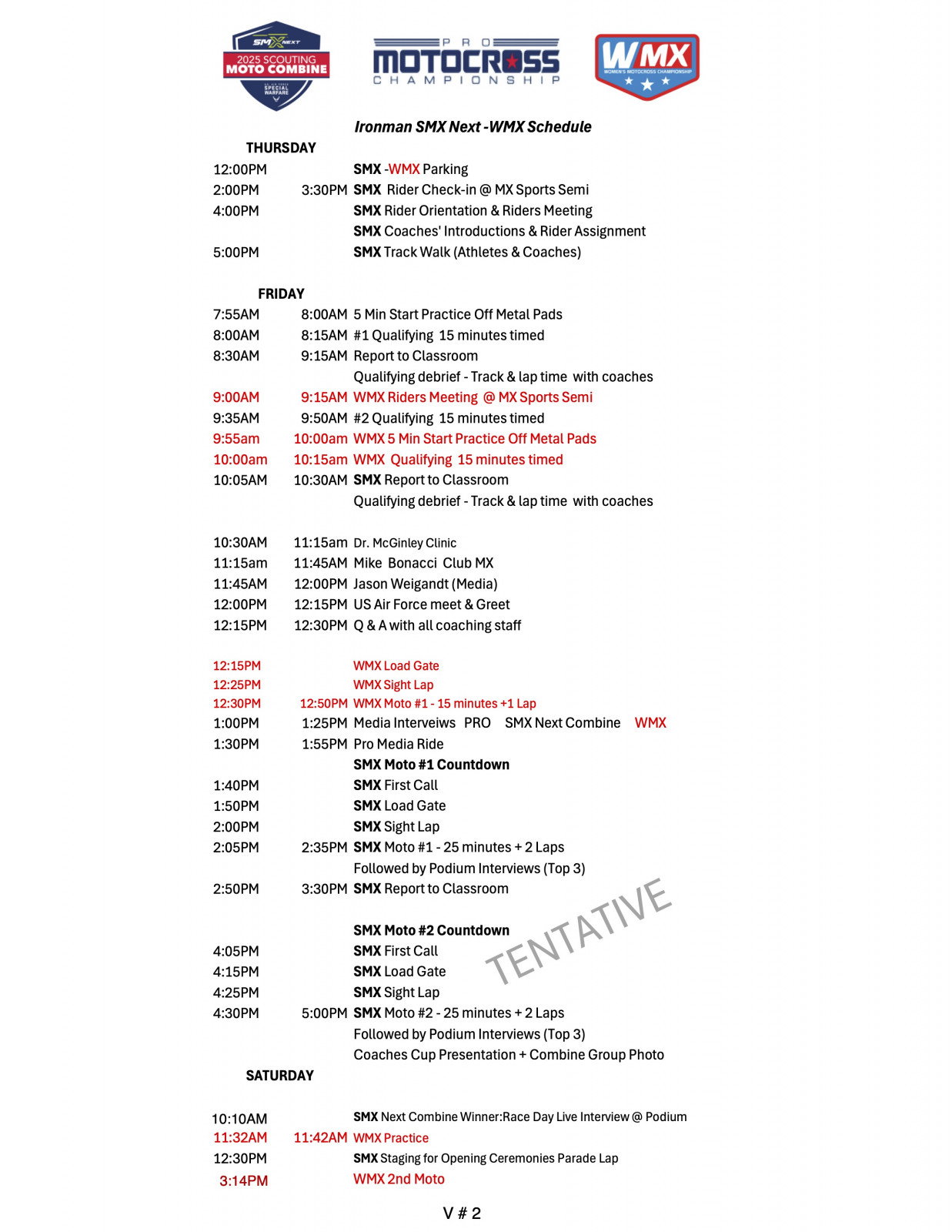 Tentative Friday SMX Next - Motocross/WMX schedule.