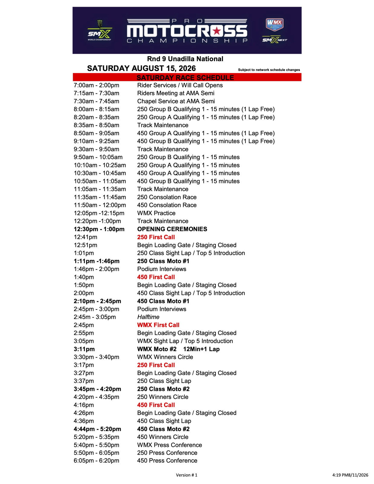 Unadilla National race schedule