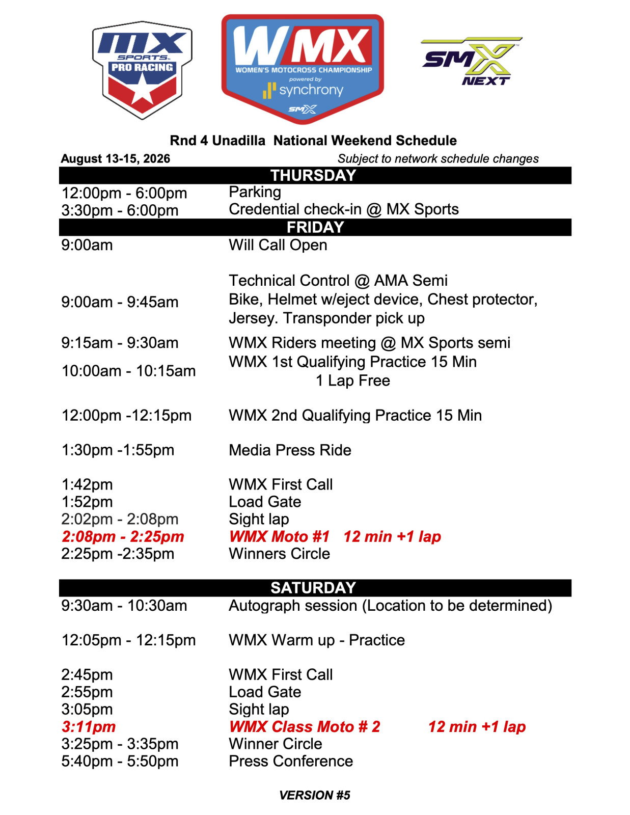 WMX Unadilla National weekend schedule.
