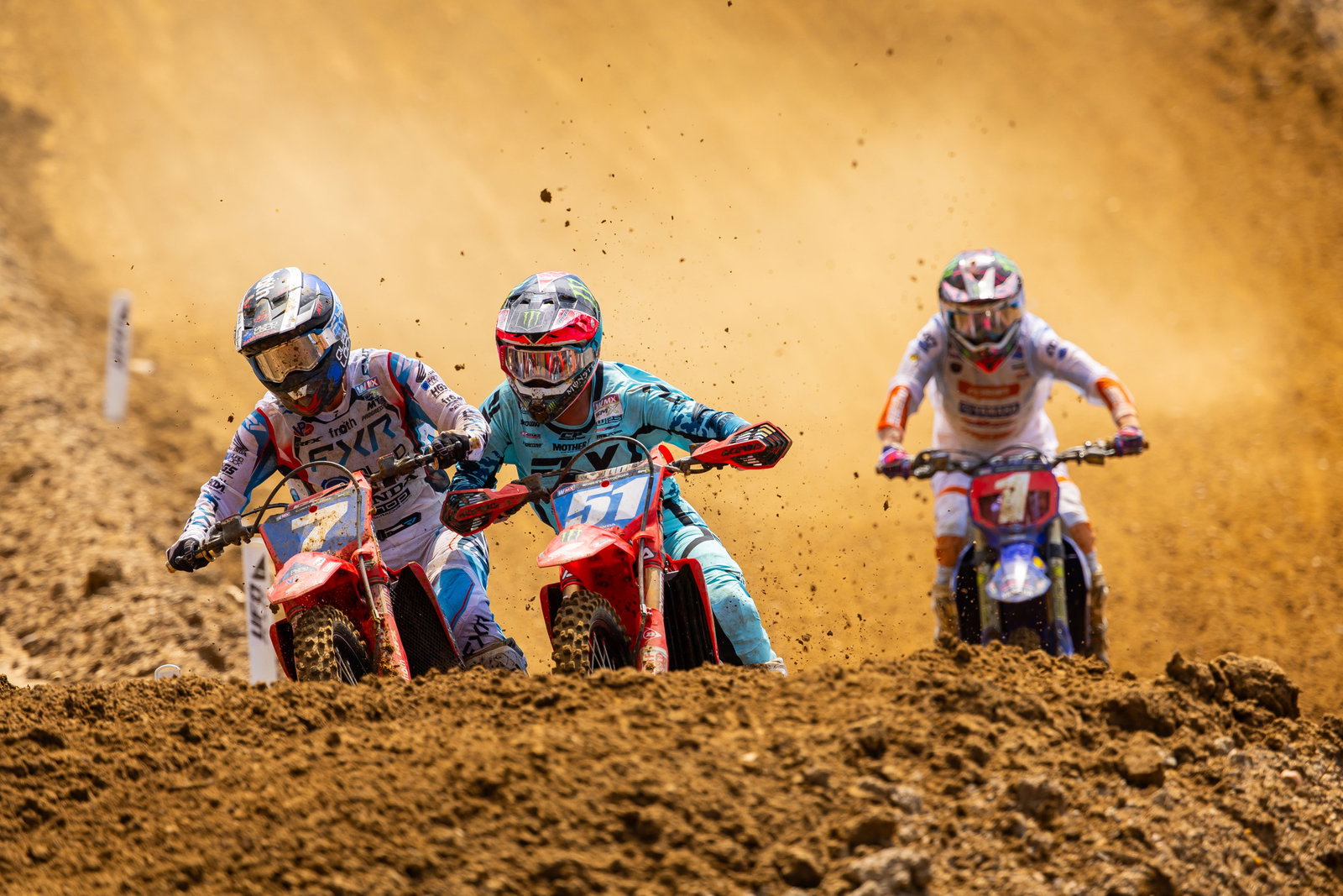 Three way battle for the lead in the first WMX moto.&nbsp;