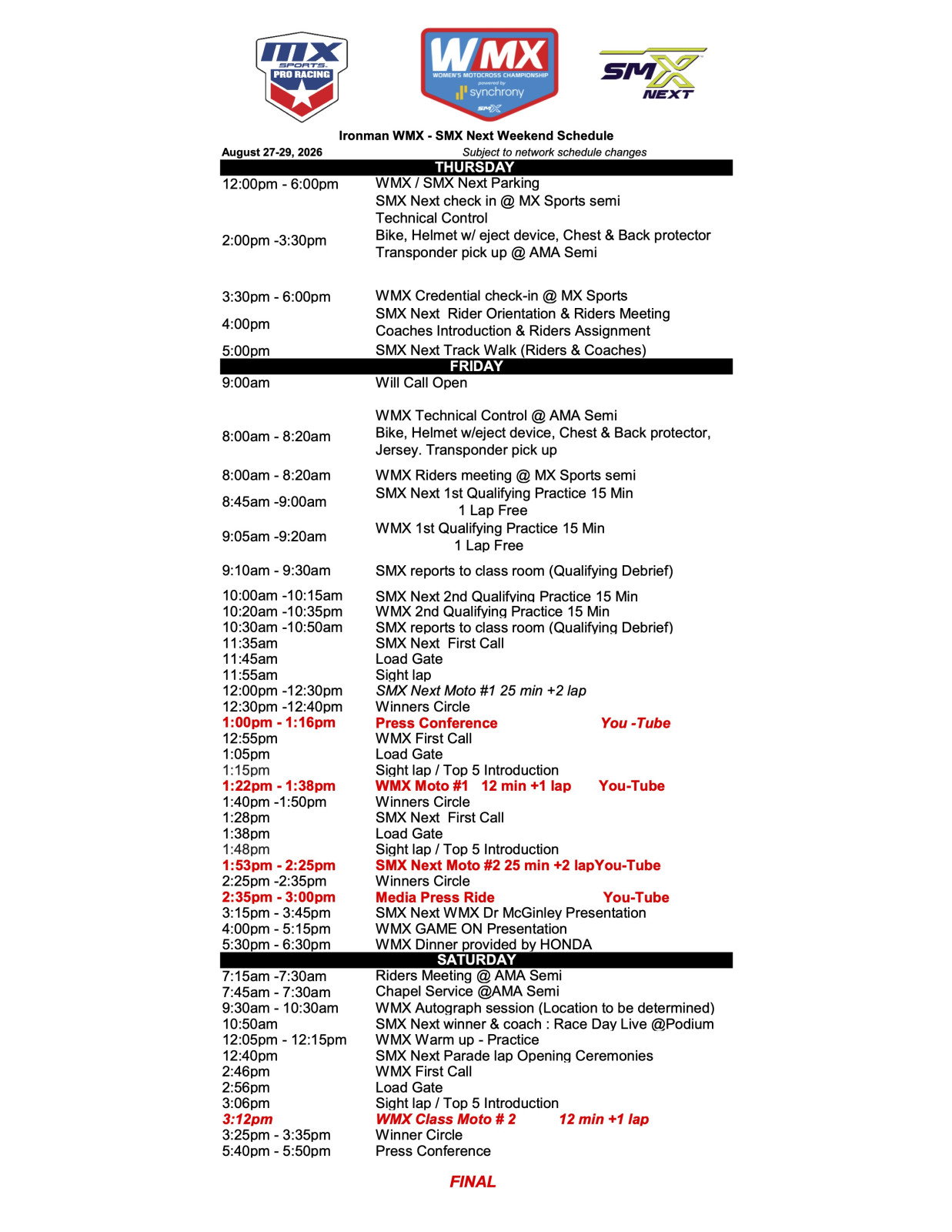 WMX and SMX Next Ironman weekend schedule