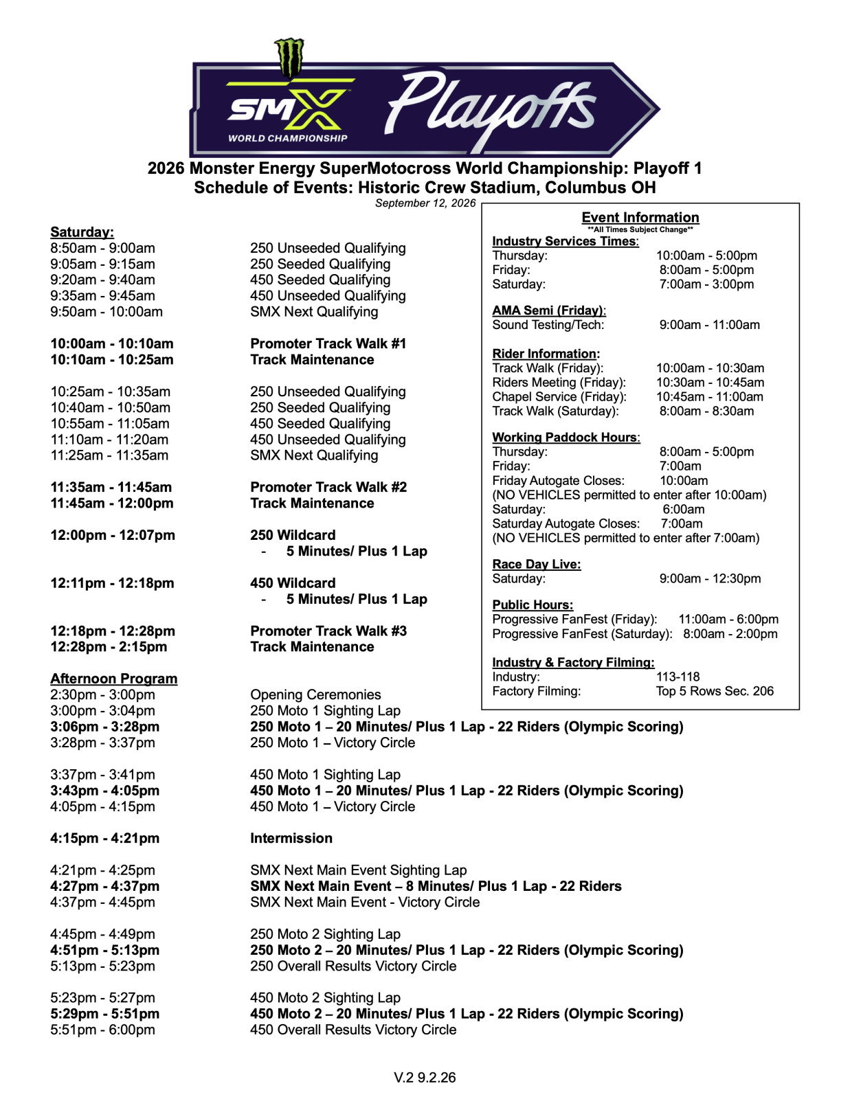 Saturday race day schedule