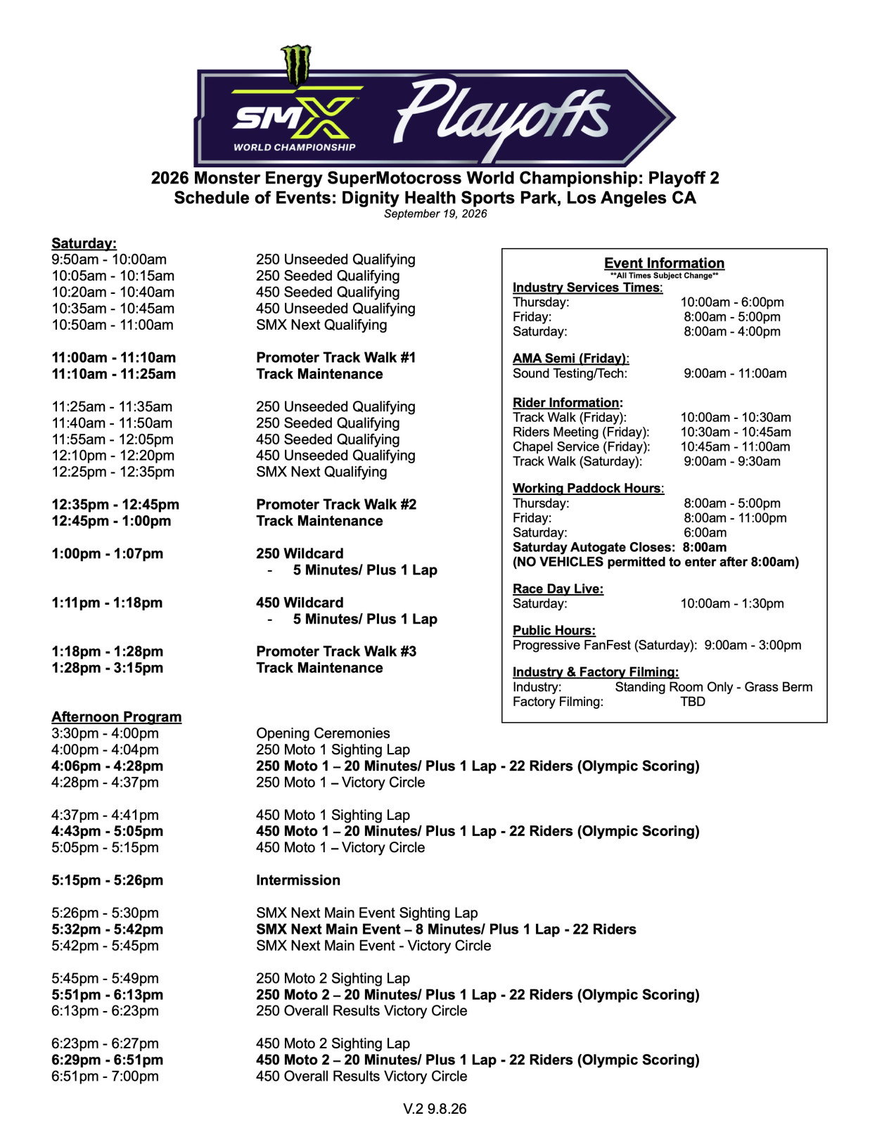 Saturday race day schedule