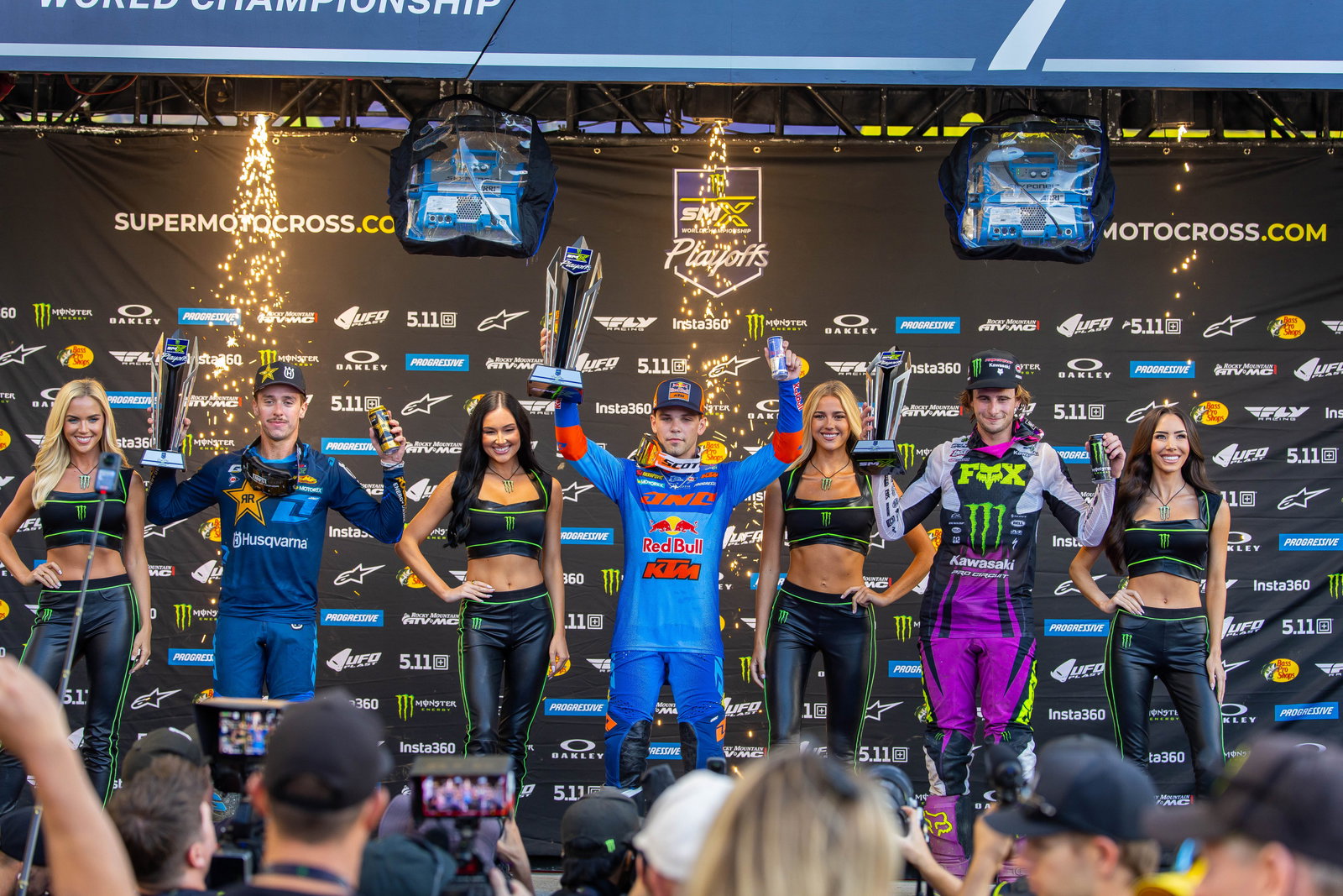 250SMX Class Podium (left to right) Ryder DiFrancesco, Julien Beaumer, and Levi Kitchen.