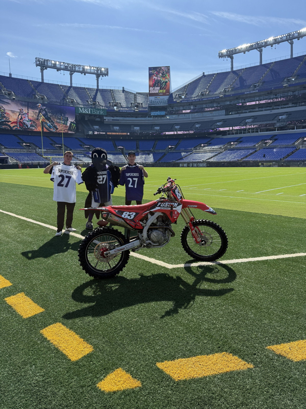 Maryland locals Justin Rodbell and Max Sanford with the Baltimore Ravens mascot.