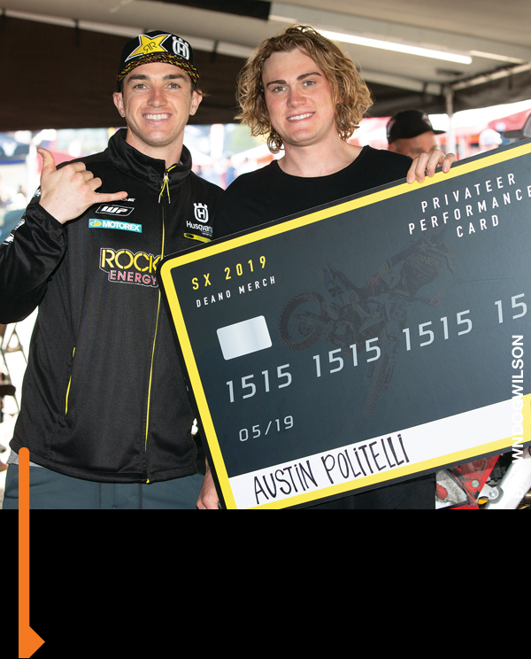 Deano gives Austin Politelli the Privateer Performance Card. 