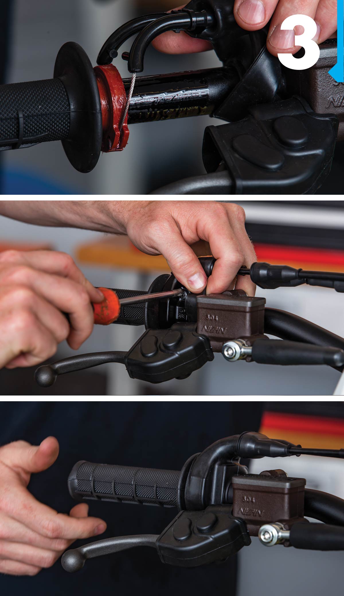 One of the easiest ways to reinstall the cables is to look at the two holes in the throttle tube where the cables go. 